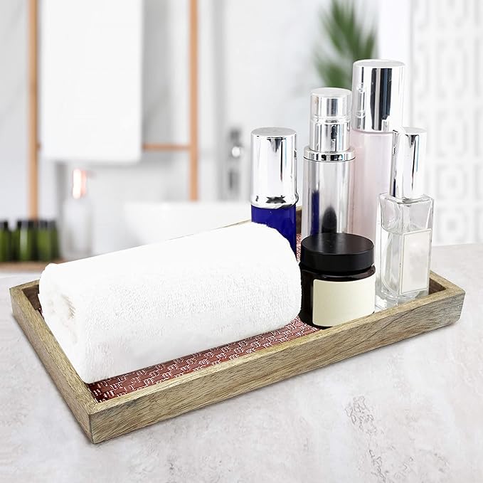 Wood & Aluminum Embossed Vanity Tray, 13", Copper Finish
