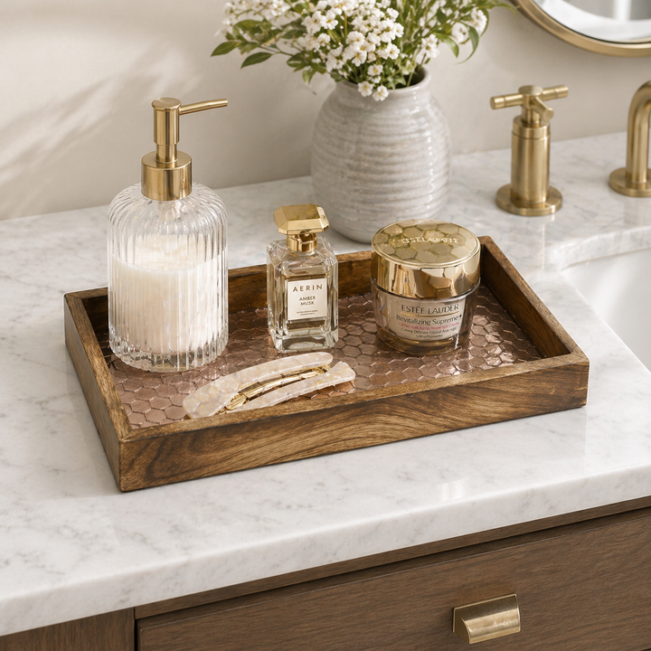 Wood Vanity Tray with Mosaic Work, 13” | Copper Finish