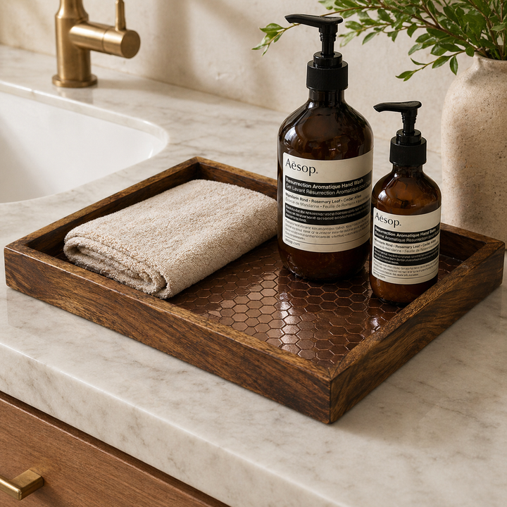 Wood Vanity Tray with Mosaic Work, 13” | Copper Finish
