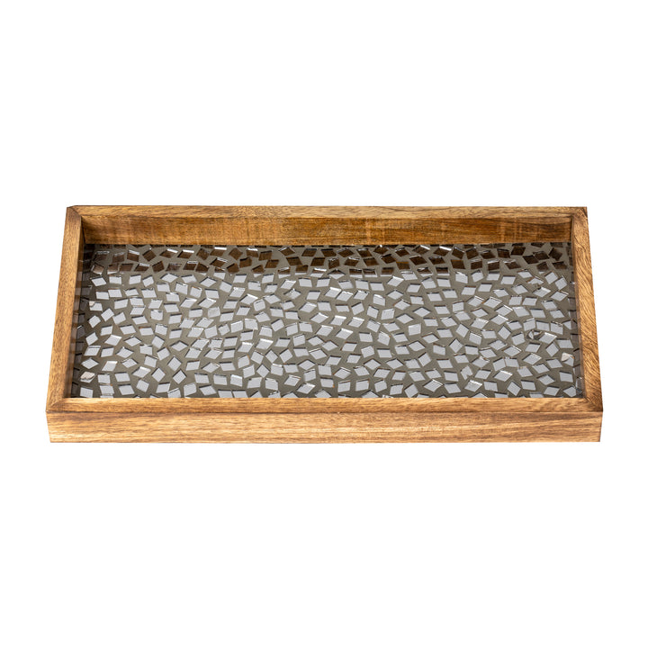 Wood & Black Mosaic Vanity Tray, 13”