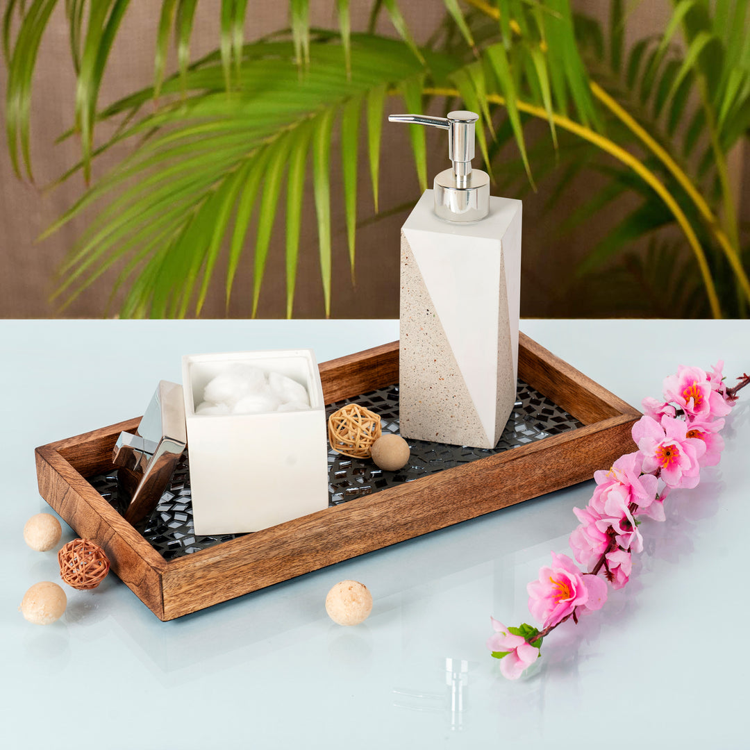 Wood & Black Mosaic Vanity Tray, 13”