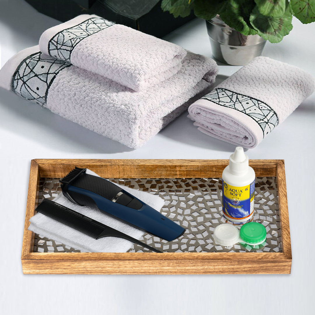 Wood & Black Mosaic Vanity Tray, 13”