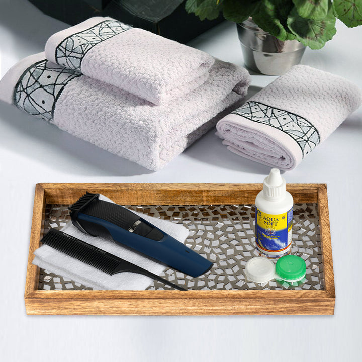 Wood & Black Mosaic Vanity Tray, 13”