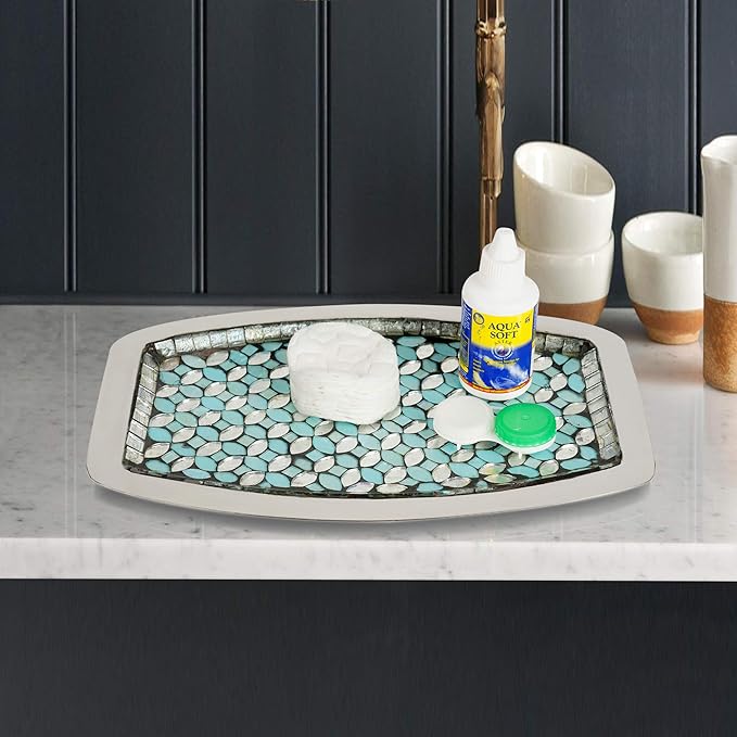 Decorative Tray | Blue Floral Print Glass Tray | 12x6x1.5"