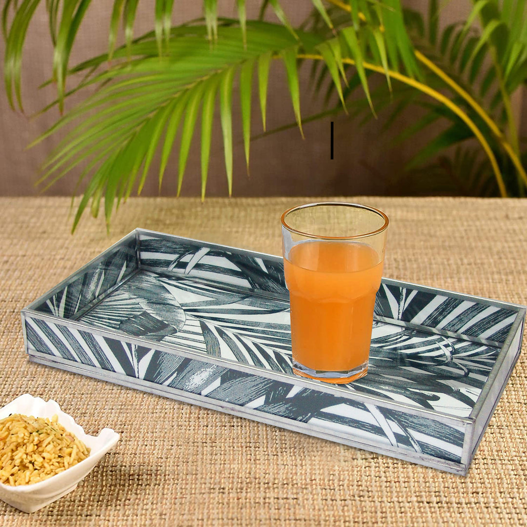 Decorative Glass Tray | Leaf Print Tray | 12x6x1.5" | Black