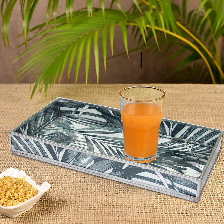 Decorative Glass Tray | Leaf Print Tray | 12x6x1.5" | Black