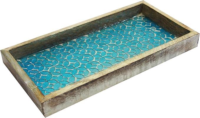Wood & Blue Mosaic Vanity Tray, 13”, Brown & Blue