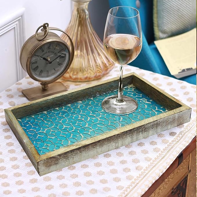 Wood & Blue Mosaic Vanity Tray, 13”, Brown & Blue