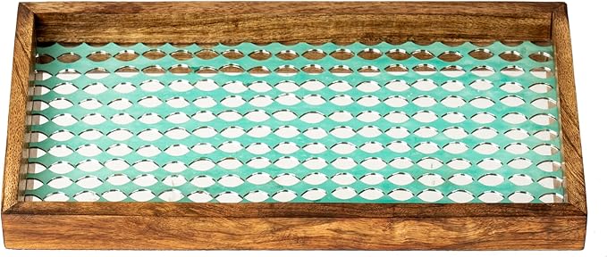 Wood Vanity Tray with Mosaic Work, 13” | Aqua