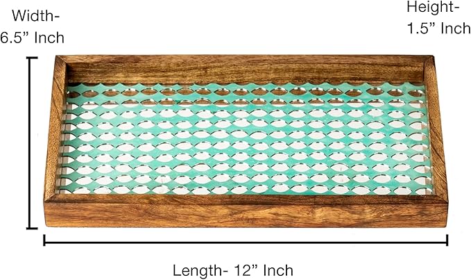Wood Vanity Tray with Mosaic Work, 13” | Aqua