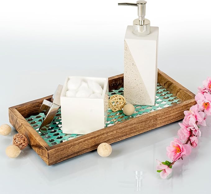 Wood Vanity Tray with Mosaic Work, 13” | Aqua