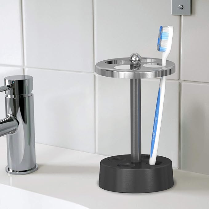 Triune 3-Tone Metal Toothbrush Holder | Compact Multi-Slot Holder for Toothbrushes,Razors & Makeup Accessories | Shiny,Brushed & Black Nickel