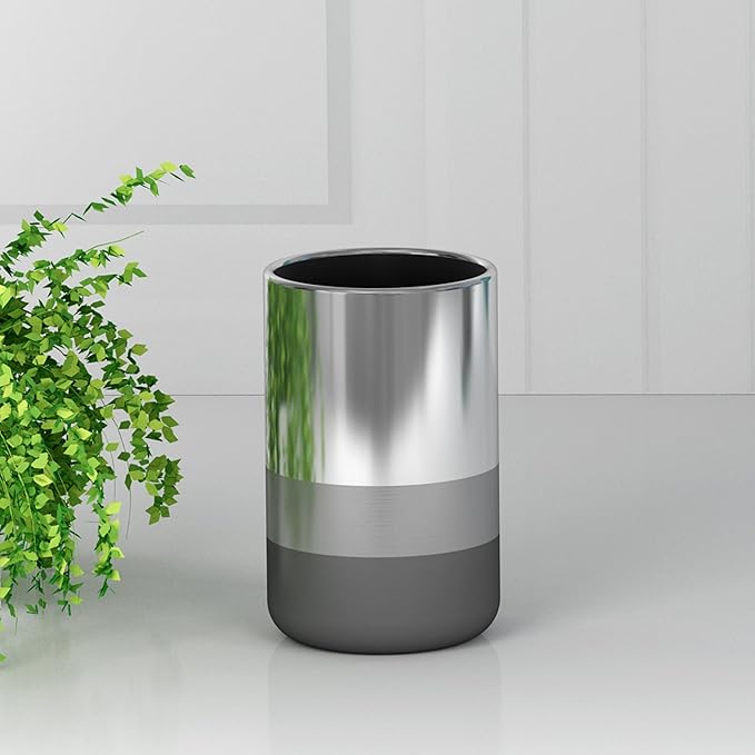 Triune 3-Tone Steel Bathroom Tumbler Cup | Decorative Rinse Cup,Drinking Glass,Toothbrush & Makeup Brush Holder for Vanity Countertops,Sink & Desk | Shiny/Brushed/Black Nickel