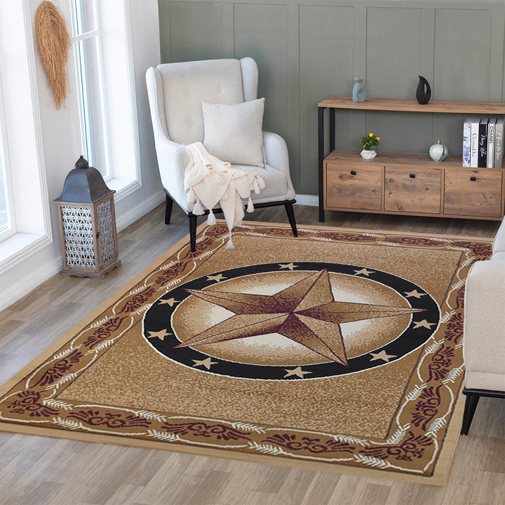 Great West Western Area Rug | Lone Star Medallion with Floral Border | Polypropylene | Indoor Accent Rug