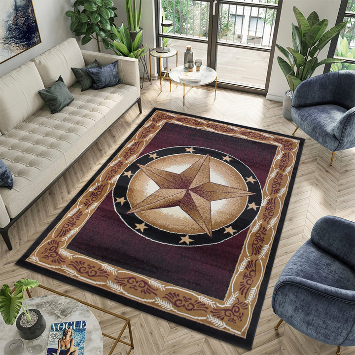 Great West Western Area Rug | Lone Star Medallion with Floral Border | Polypropylene | Indoor Accent Rug