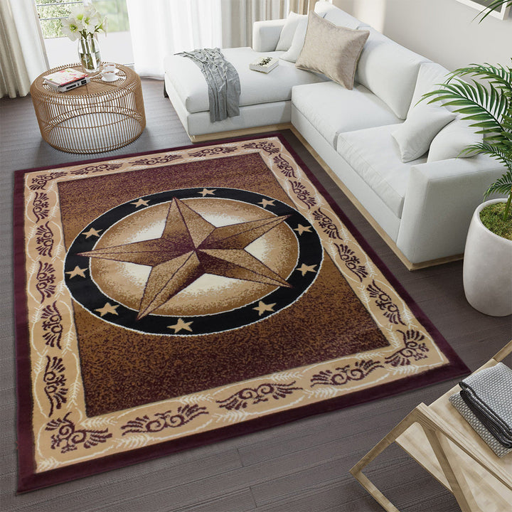 Great West Western Area Rug | Lone Star Medallion with Floral Border | Polypropylene | Indoor Accent Rug