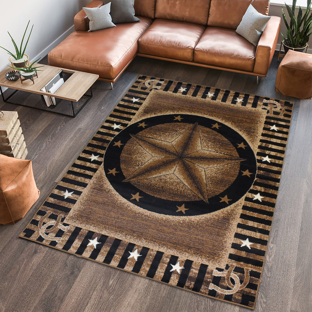 Great West Rustic Western Star Area Rug, Polypropylene Indoor Carpet for Living Room, Bedroom & Entryway