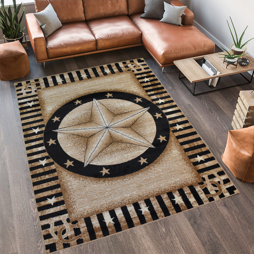 Great West Rustic Western Star Area Rug, Polypropylene Indoor Carpet for Living Room, Bedroom & Entryway