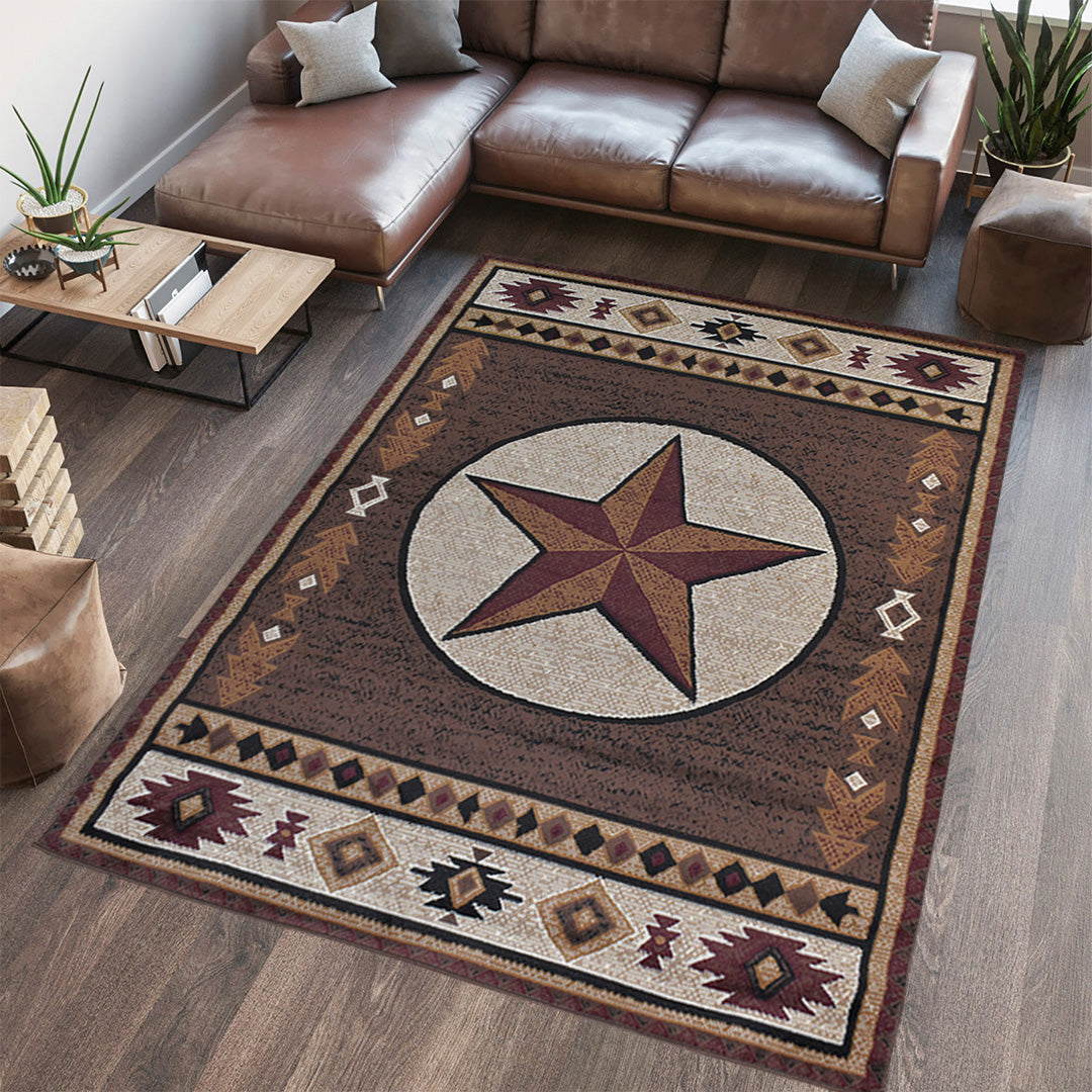 Great West Rustic Western Area Rug with Southwestern Geometric Border | Polypropylene Indoor Carpet