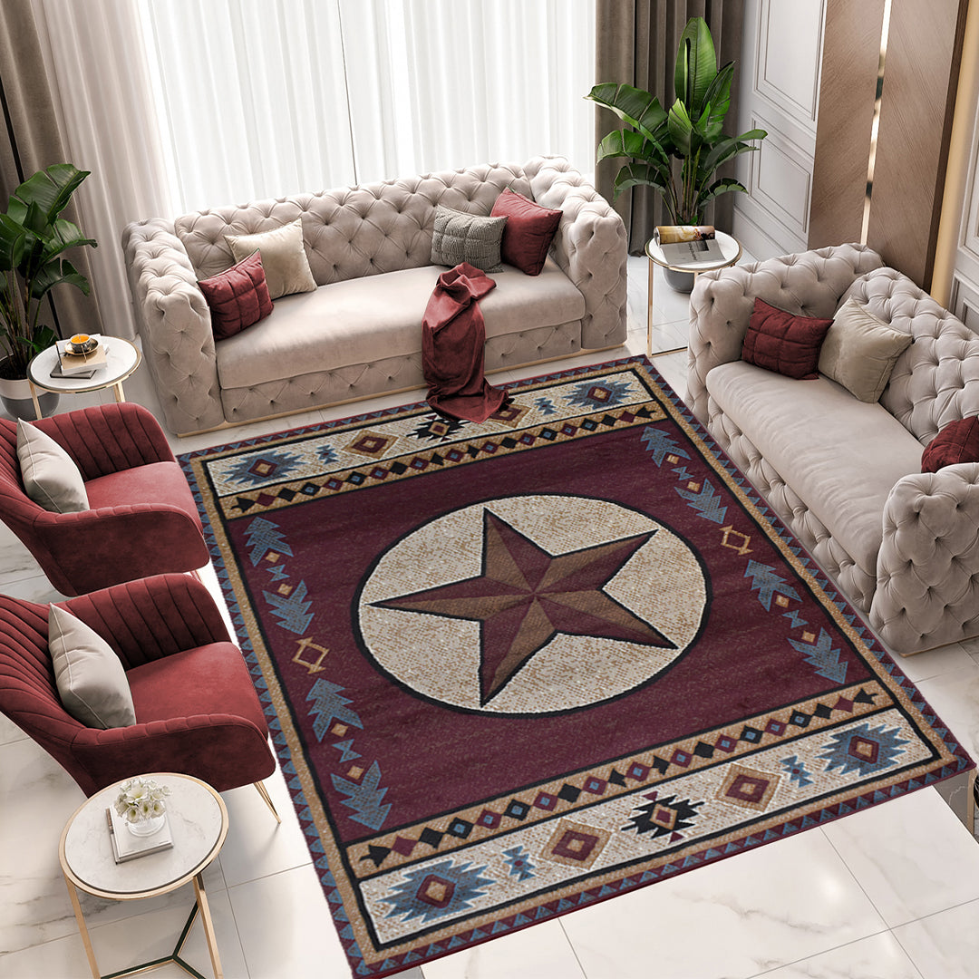 Great West Rustic Western Area Rug with Southwestern Geometric Border | Polypropylene Indoor Carpet