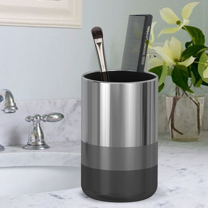 Triune 3-Tone Steel Bathroom Tumbler Cup | Decorative Rinse Cup,Drinking Glass,Toothbrush & Makeup Brush Holder for Vanity Countertops,Sink & Desk | Shiny/Brushed/Black Nickel