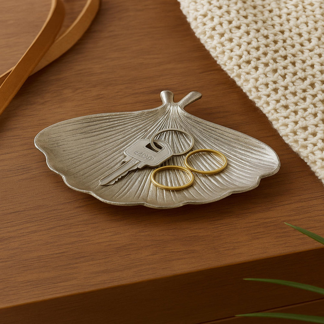 Ginkgo Leaf Nickel Finished Aluminum Trinket Dish – 8.7x6.7x2" Decorative Accent