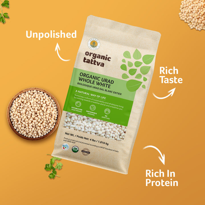Organic Urad Dal Whole White (Gota) 4 lbs Pack of 6