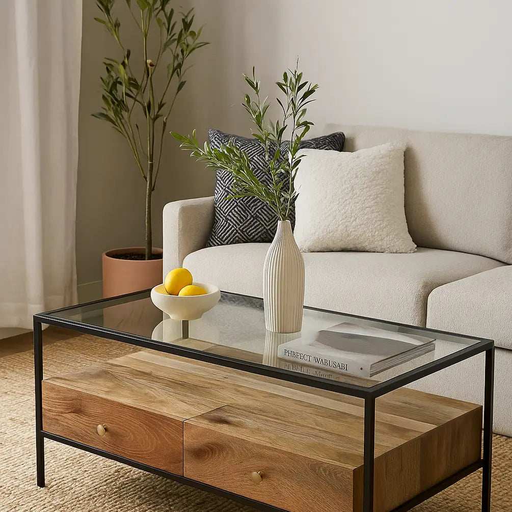 Glass Top Coffee Table 51" | Metal Frame Modern Center Table
