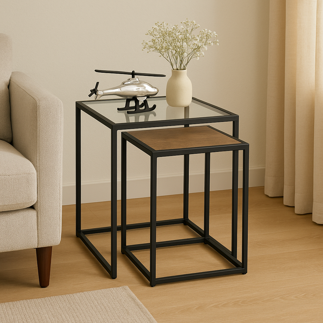 Glass & Wood Nesting Tables Set of 2 | Black Metal Legs Side Table Set