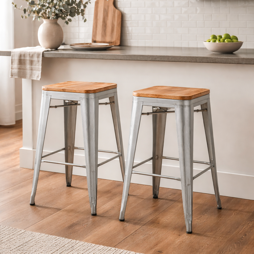 Wooden Top Metal Stool | Silver | Mango Wood | 12.5x12.5x30"
