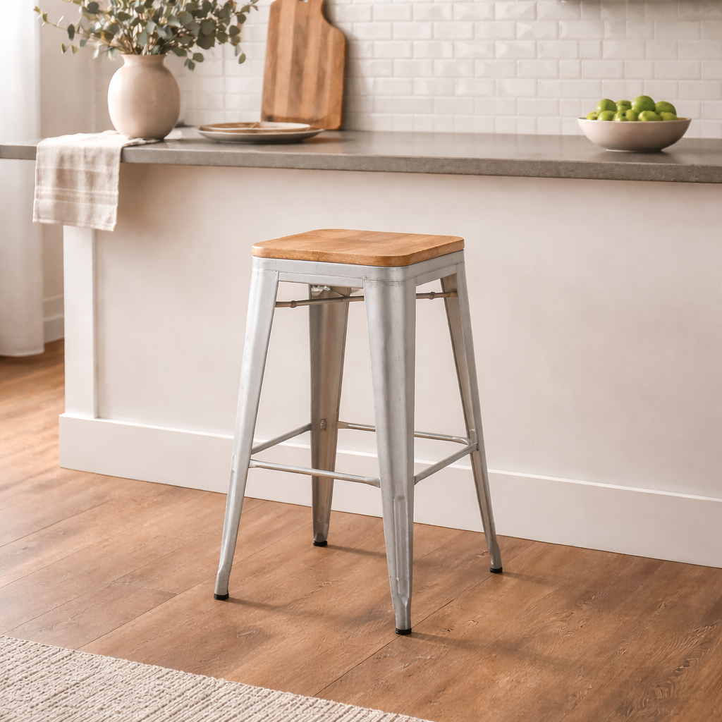 Wooden Top Metal Stool | Silver | Mango Wood | 12.5x12.5x30"