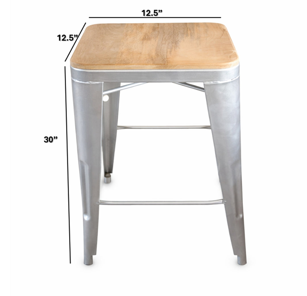 Wooden Top Metal Stool | Silver | Mango Wood | 12.5x12.5x30"