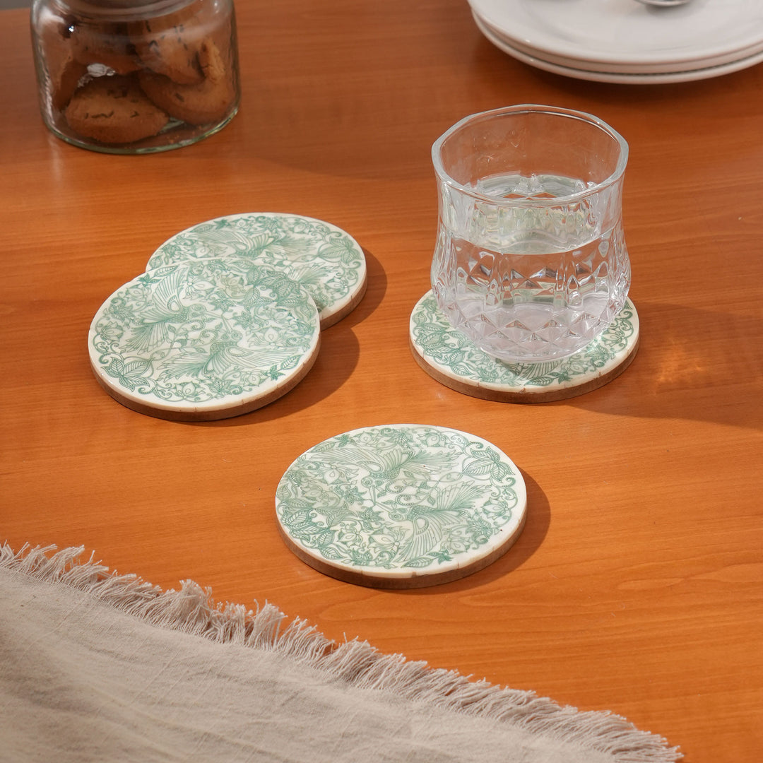 Ivory Resin Coaster (Set of 4) With Green Print: Dia 4"