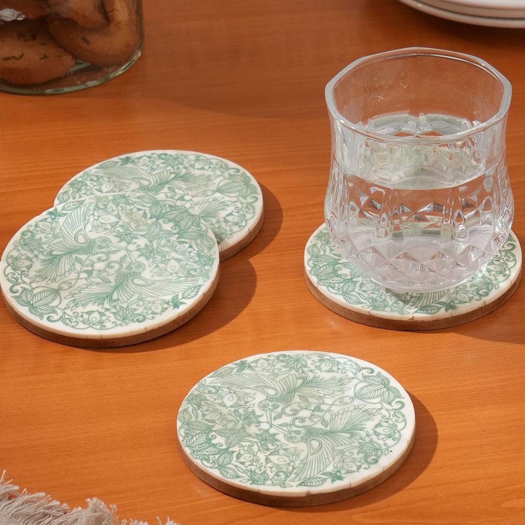 Ivory Resin Coaster (Set of 4) With Green Print: Dia 4"