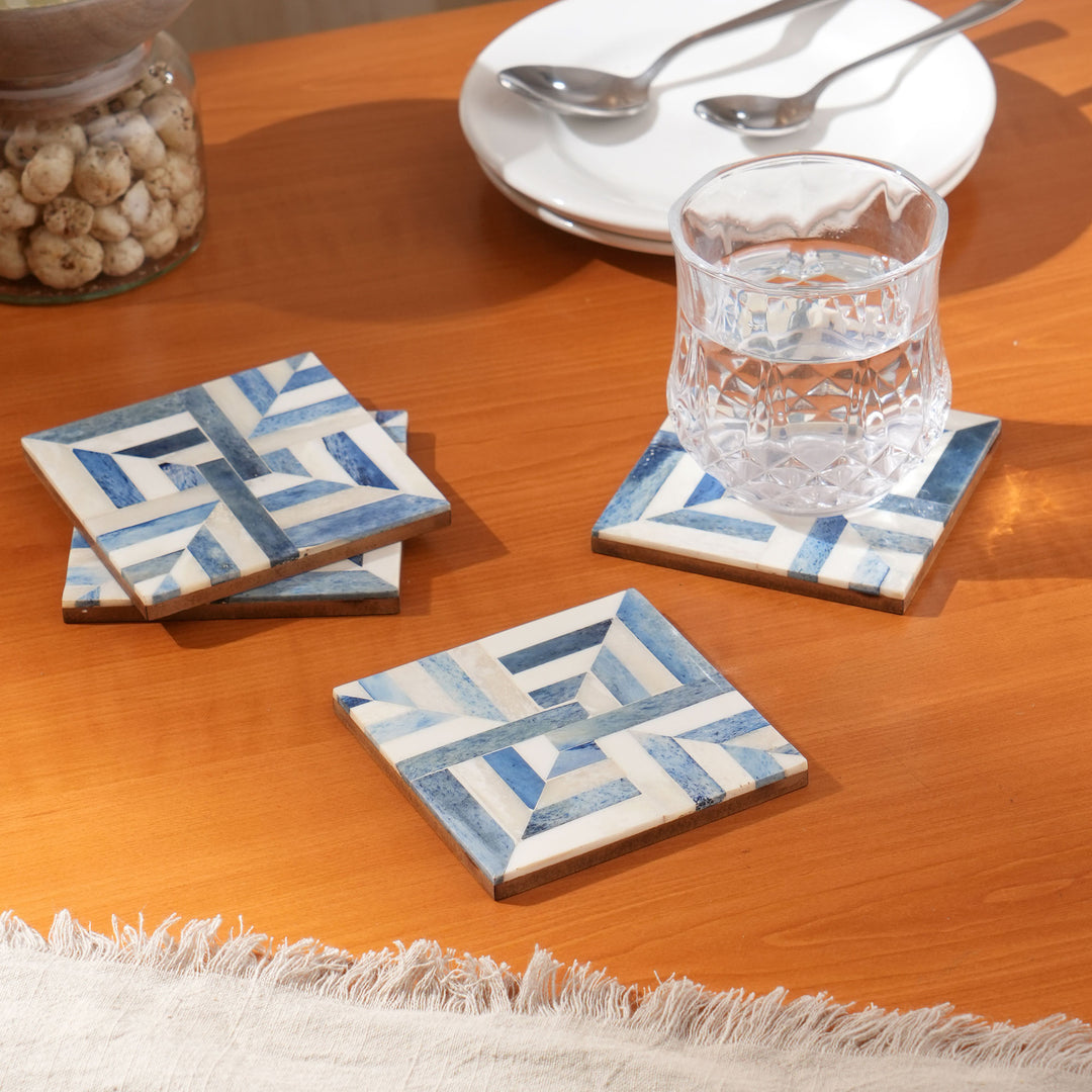 Flip Inlay Bone Coaster (Set Of 4) White/Blue Size:4"X4"