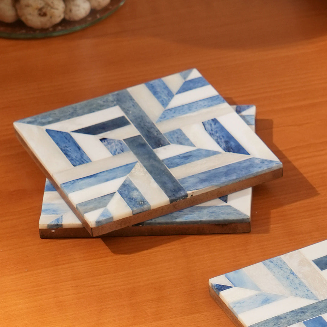 Flip Inlay Bone Coaster (Set Of 4) White/Blue Size:4"X4"