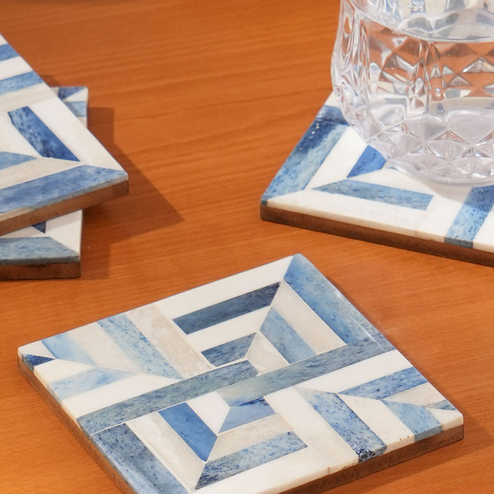 Flip Inlay Bone Coaster (Set Of 4) White/Blue Size:4"X4"