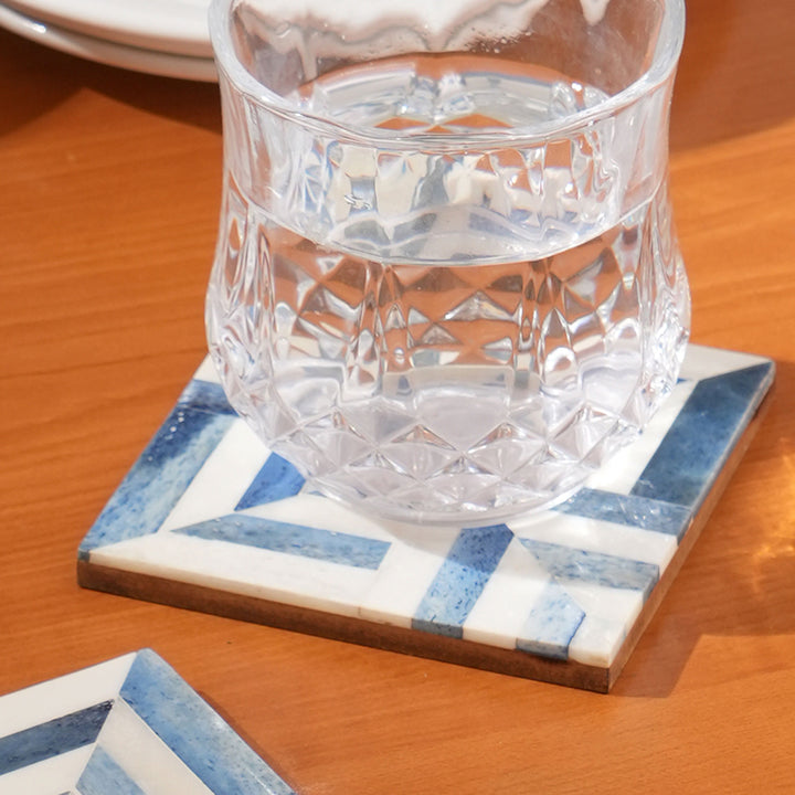 Flip Inlay Bone Coaster (Set Of 4) White/Blue Size:4"X4"