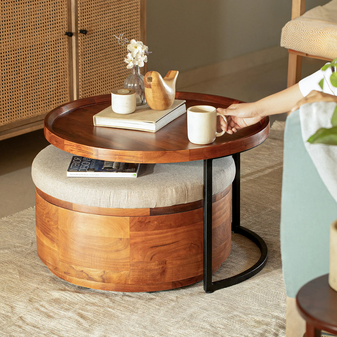 Wood Coffee Table with Metal Stand & Nesting Drum 27.5" Storage Ottoman