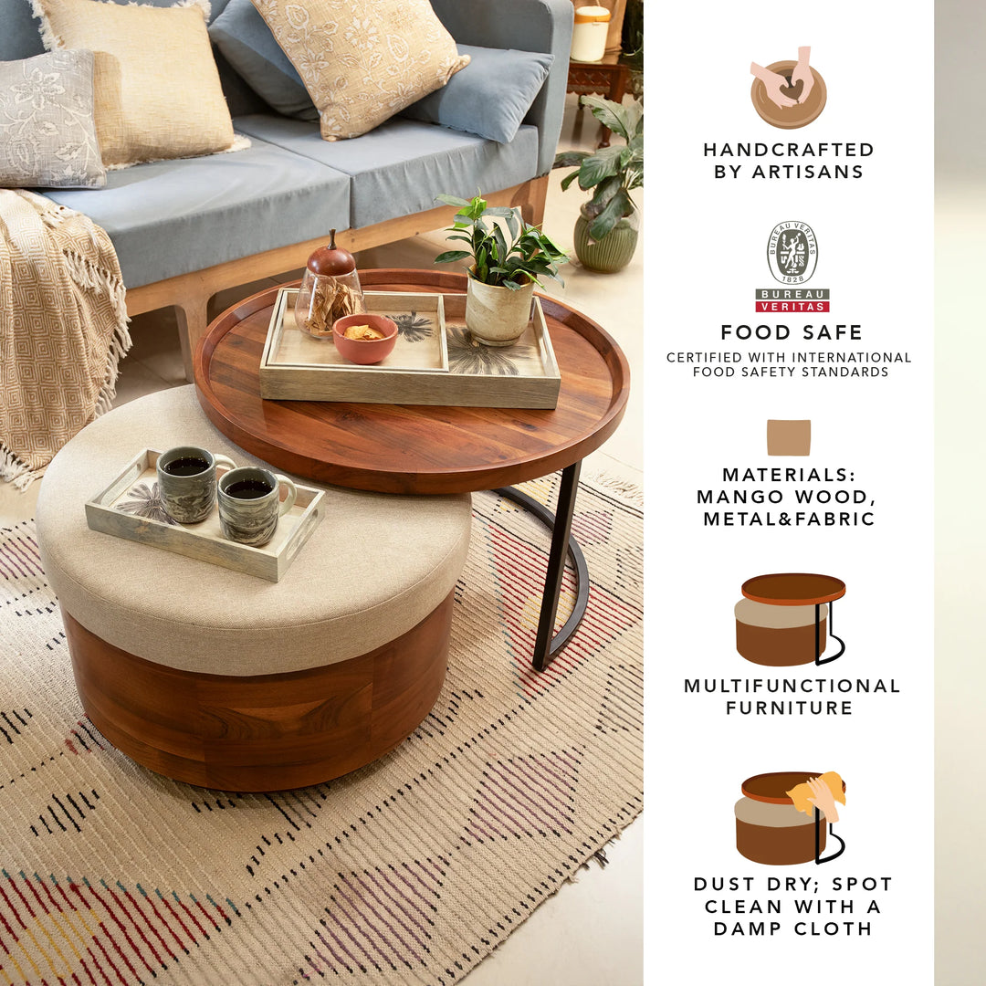 Wood Coffee Table with Metal Stand & Nesting Drum 27.5" Storage Ottoman