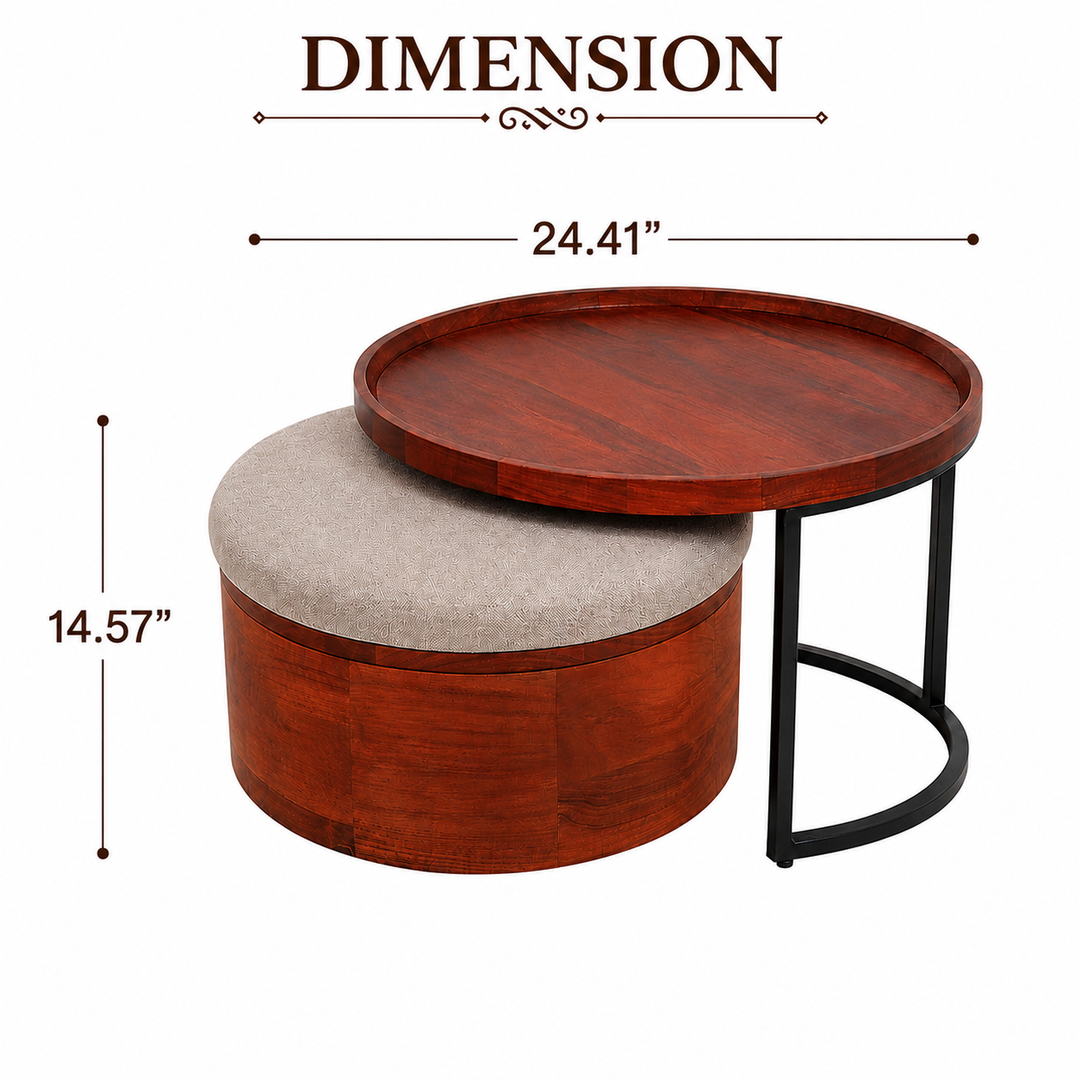 Wood Coffee Table with Metal Stand & Nesting Drum 27.5" Storage Ottoman