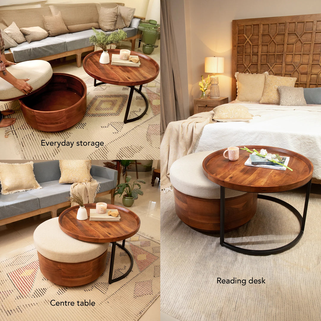 Wood Coffee Table with Metal Stand & Nesting Drum 27.5" Storage Ottoman