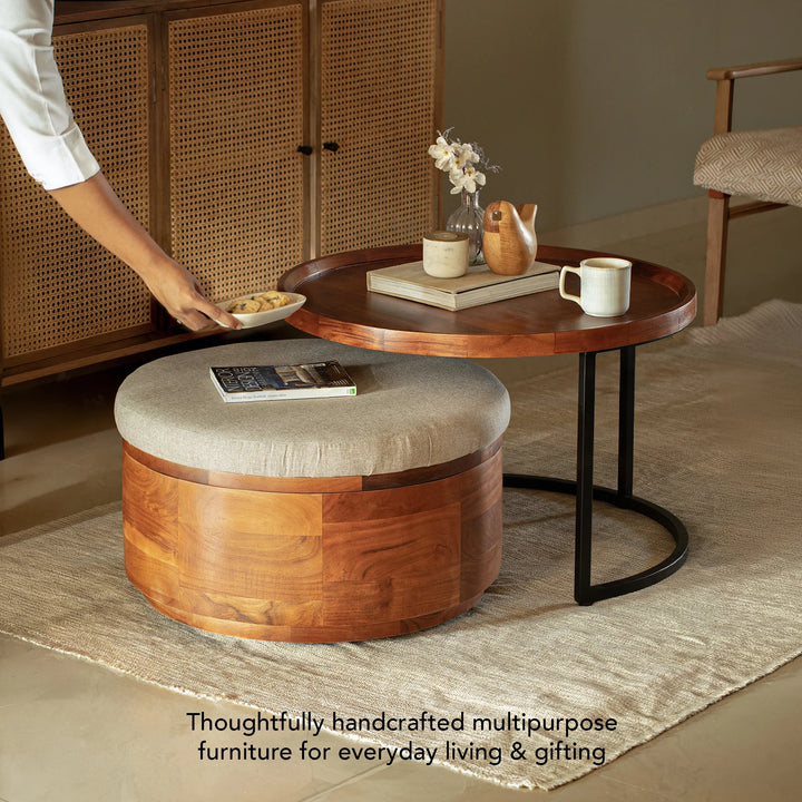 Wood Coffee Table with Metal Stand & Nesting Drum 27.5" Storage Ottoman