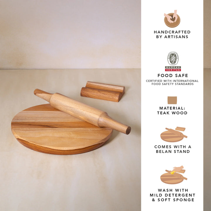 Teak Wood Chakla Belan Set with Stand | Roti Rolling Set 11" (3pc)
