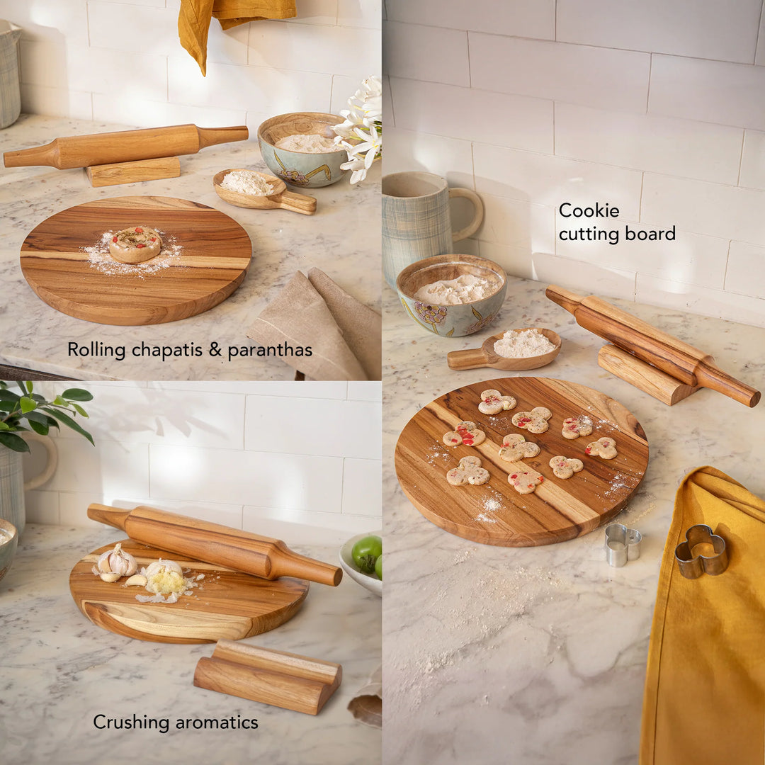 Teak Wood Chakla Belan Set with Stand | Roti Rolling Set 11" (3pc)