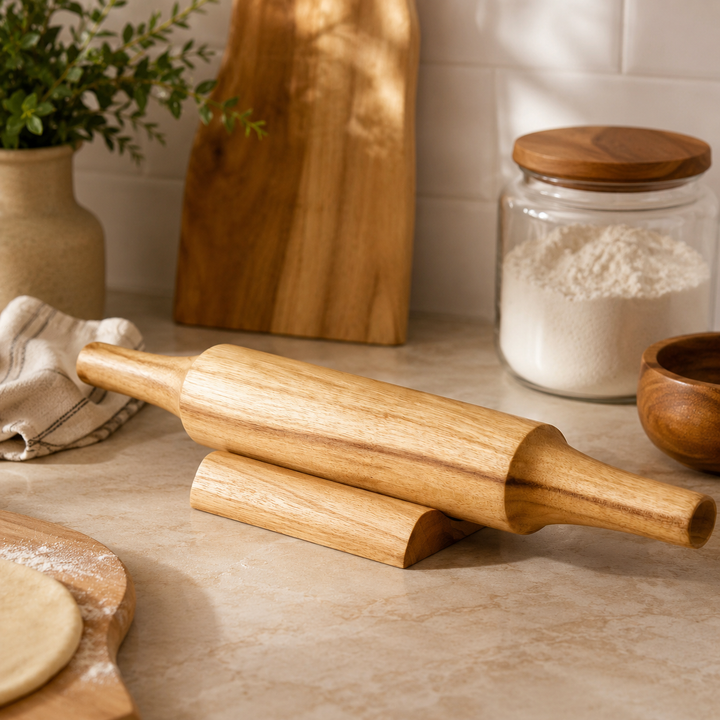Teak Wood Belan with Stand | Wooden Rolling Pin Set for Roti & Baking