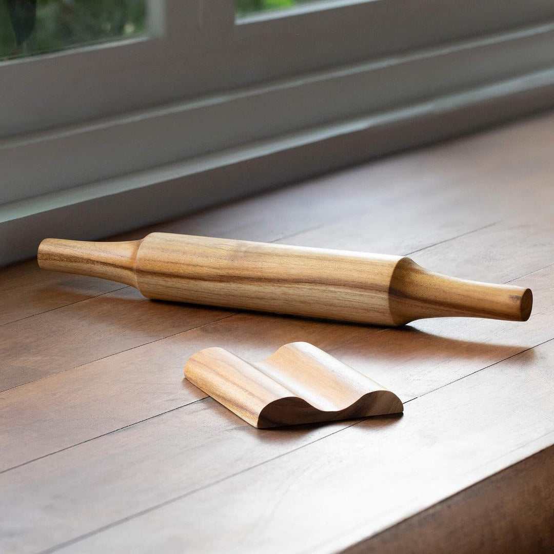 Teak Wood Belan with Stand | Wooden Rolling Pin Set for Roti & Baking