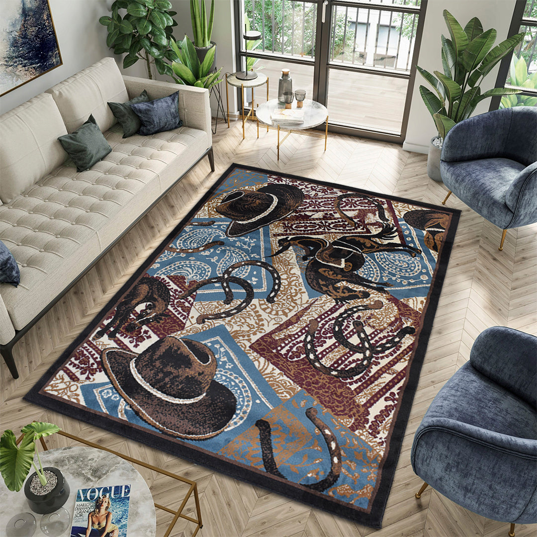 Great West Western Cowboy Polypropylene Area Rug in Rose, Blue & Beige | Rustic Ranch Indoor Carpet for Living Room, Bedroom & Entryway