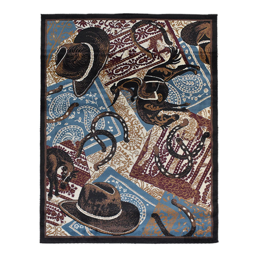 Great West Western Cowboy Polypropylene Area Rug in Rose, Blue & Beige | Rustic Ranch Indoor Carpet for Living Room, Bedroom & Entryway