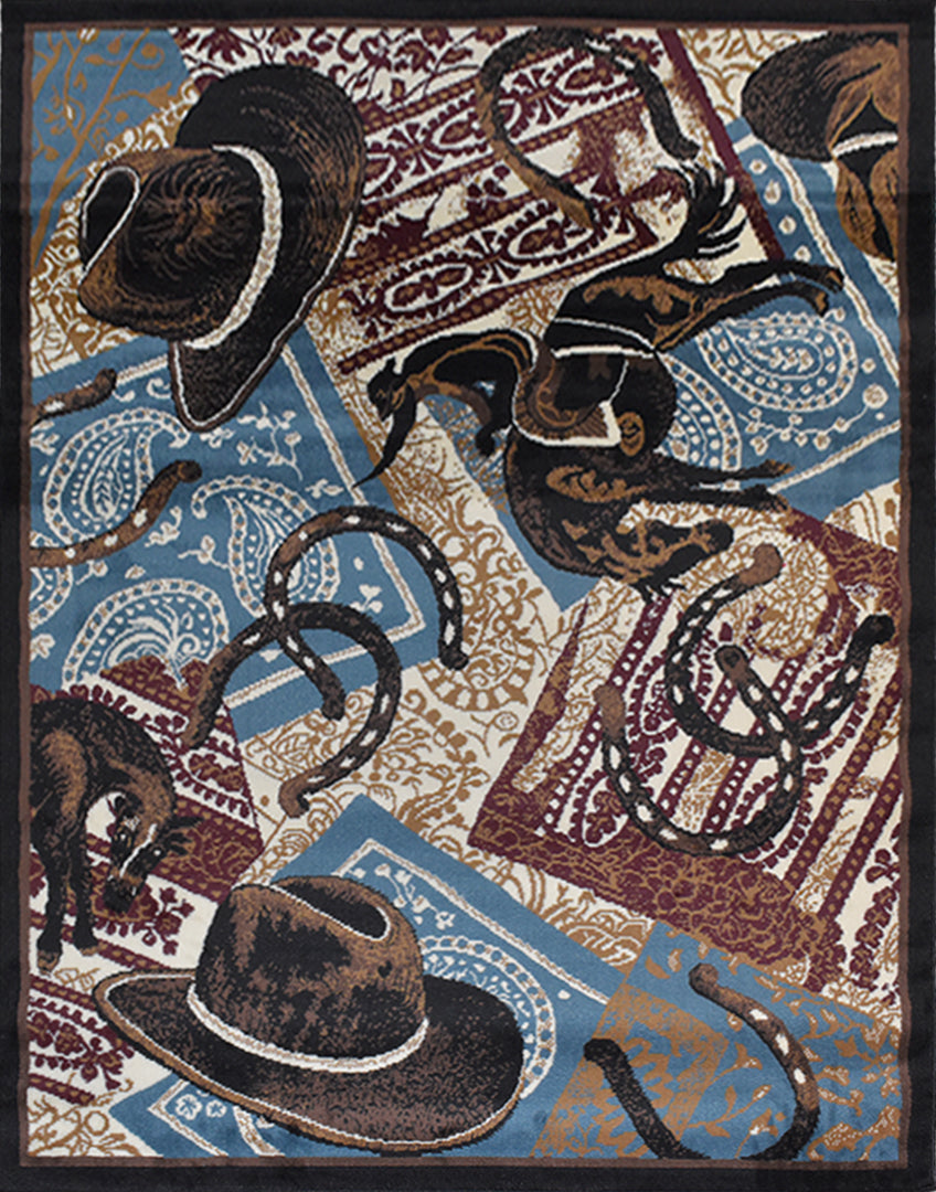 Great West Western Cowboy Polypropylene Area Rug in Rose, Blue & Beige | Rustic Ranch Indoor Carpet for Living Room, Bedroom & Entryway